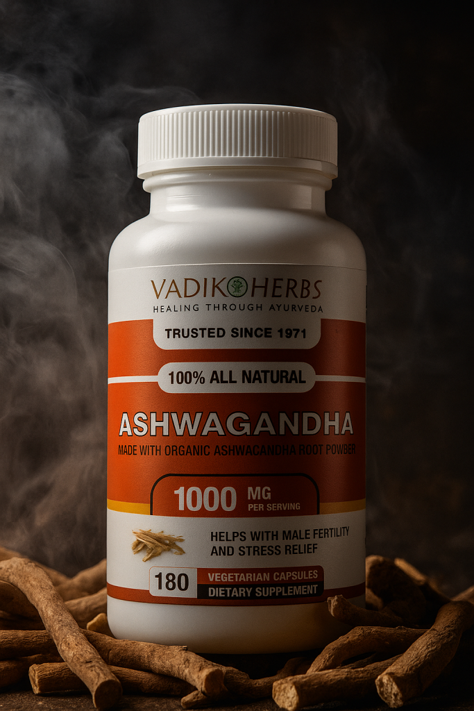 Ashwagandha Capsule bottle surrounded by ashwagandha root and smoke