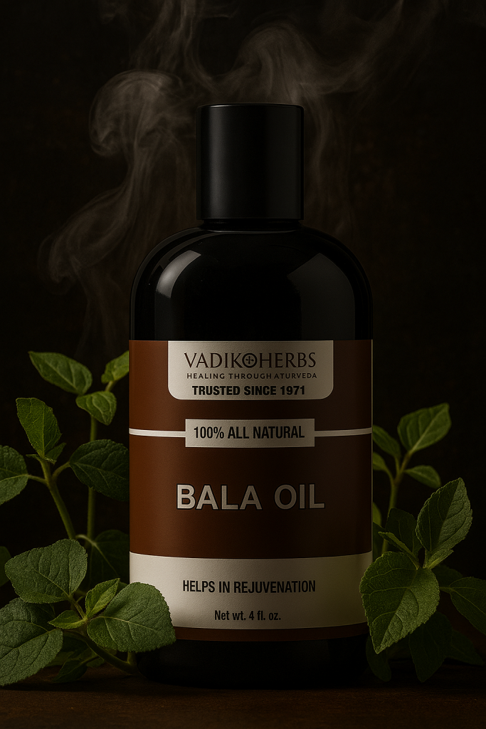 A bottle of Bala massage oil surrounded by Bala plant and smoke.