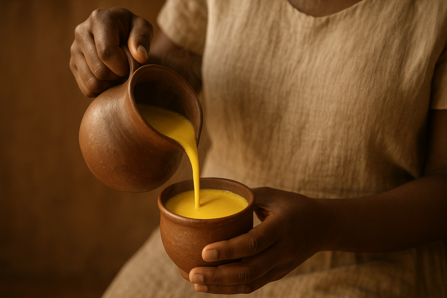 a photo of a Black woman's hands pouring warm golden milk into a clay cup; steam curling toward sunlight.