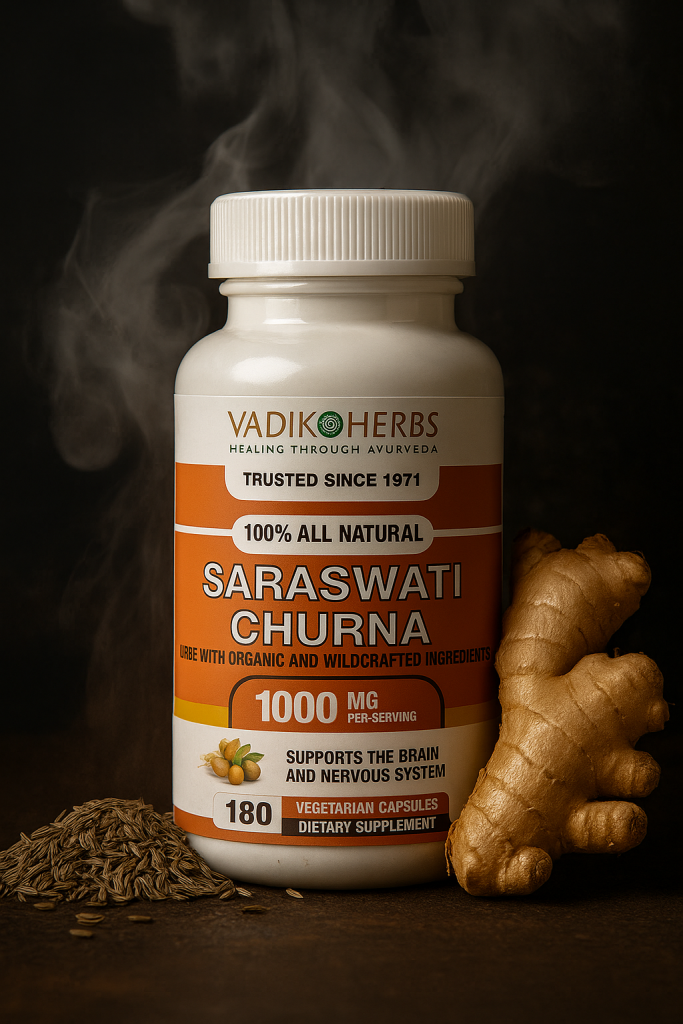 Saraswati Churna Capsule bottle surrounded by ginger root, cumin seeds and smoke